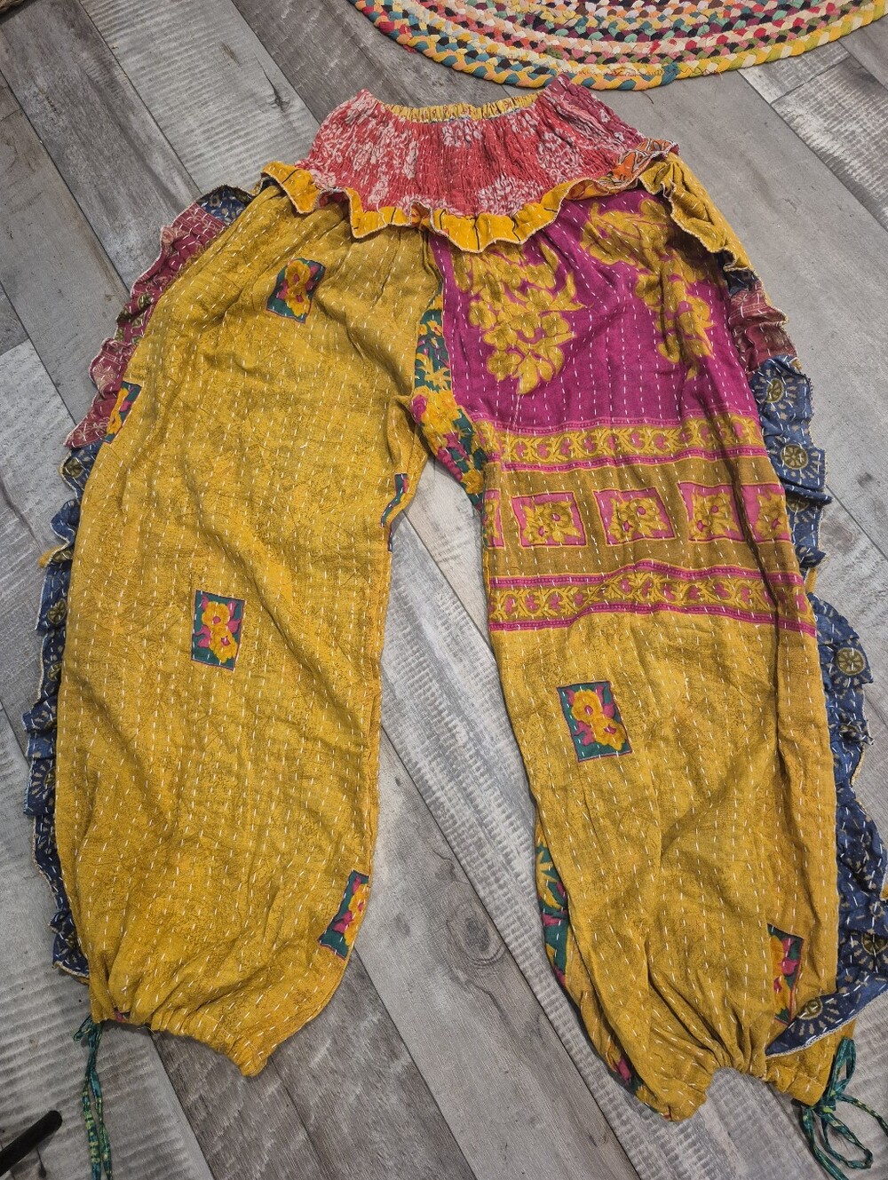 Custom High Quality Kantha Bohemian Patchwork Ruffle High-Waist Jogger Pant L-XL - Picture 4 of 6